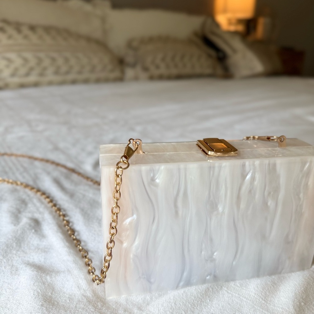 Elegant Acrylic Pearly White Clutch with Gold Chain Bridal Bachelorette Bag